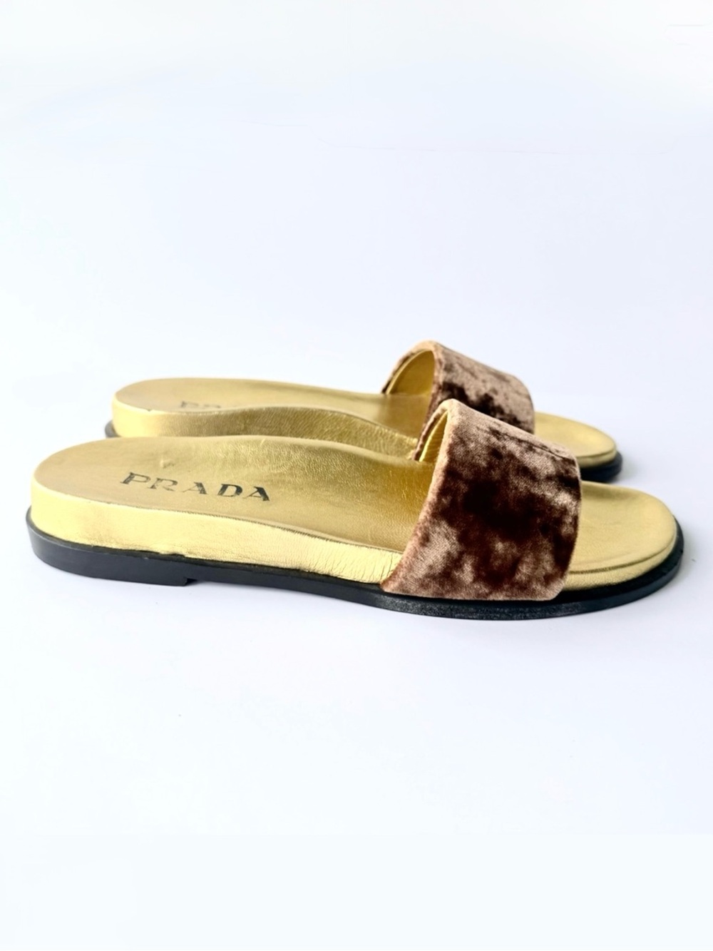 Prada Velvet Slide Sandals in Brown & Gold Size 36 - Picture 2 of 15